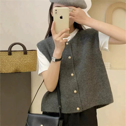 Maeve & Co Women's Knitted Waistcoat - Sleeveless Crew Neck Cardigan Vest