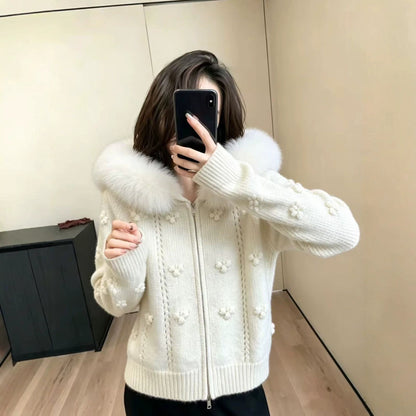 Maeve & Co Women's Faux Fur Hooded Cardigan - Zip-Up Knitted Cardigan Jacket