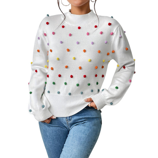 Maeve & Co Women's Pom-Pom Jumper - Multicolour Bobble Knit Pullover, Long Sleeve