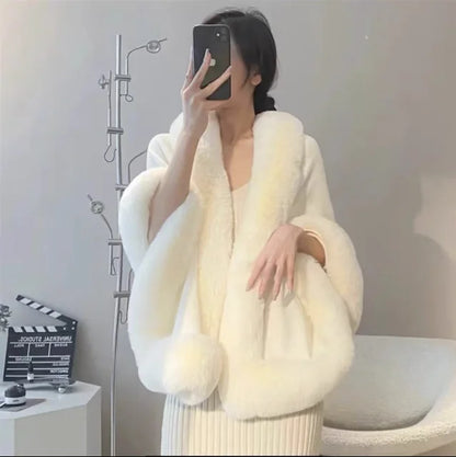 Maeve & Co Women's Faux Fur Trim Cape - Open-Front Poncho Coat