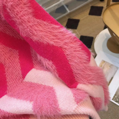 Maeve & Co Women's Fluffy Jumper - Wave Stripe Crew Neck Oversized Knit Pullover, Pink