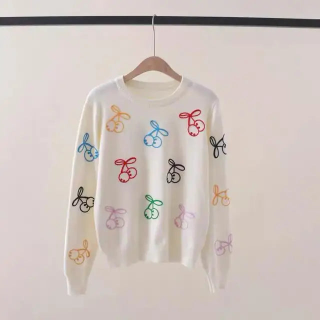 Maeve & Co Women's Cherry Jumper - Embroidered Crew Neck Loose Knit Pullover