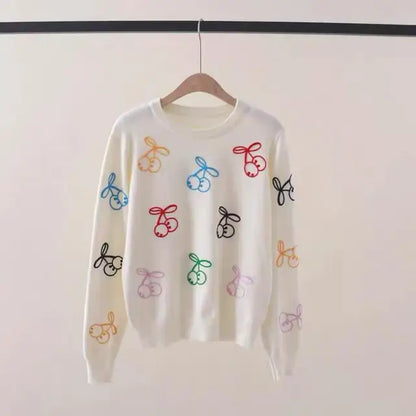 Maeve & Co Women's Cherry Jumper - Embroidered Crew Neck Loose Knit Pullover