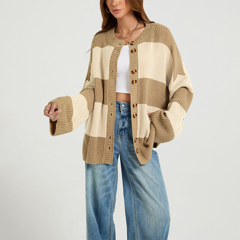 Maeve & Co Women's Striped Cardigan - Crew Neck Patchwork Knitted Cardigan, Colour Block