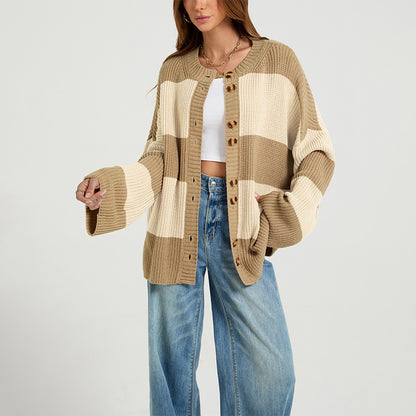 Maeve & Co Women's Striped Cardigan - Crew Neck Patchwork Knitted Cardigan, Colour Block