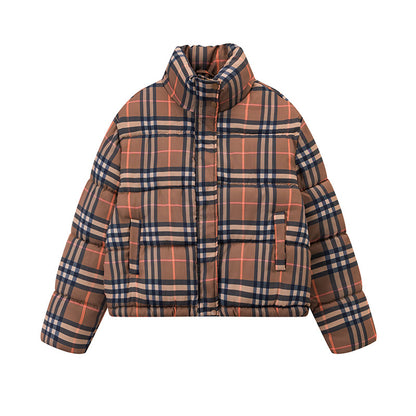 Maeve & Co Women's Puffer Coat - Check Stand Collar Short Padded Jacket, Khaki Check