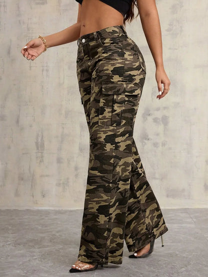 Maeve & Co Women's Camo Cargo Trousers - High-Waisted Wide-Leg Camouflage Jeans
