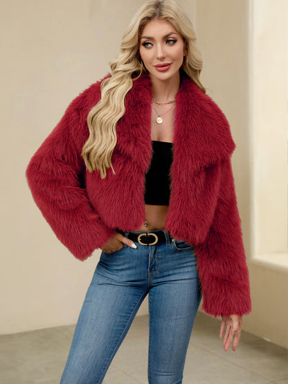 Maeve & Co Women's Faux Fur Jacket - Wide Collar Short Fur Coat with Pockets