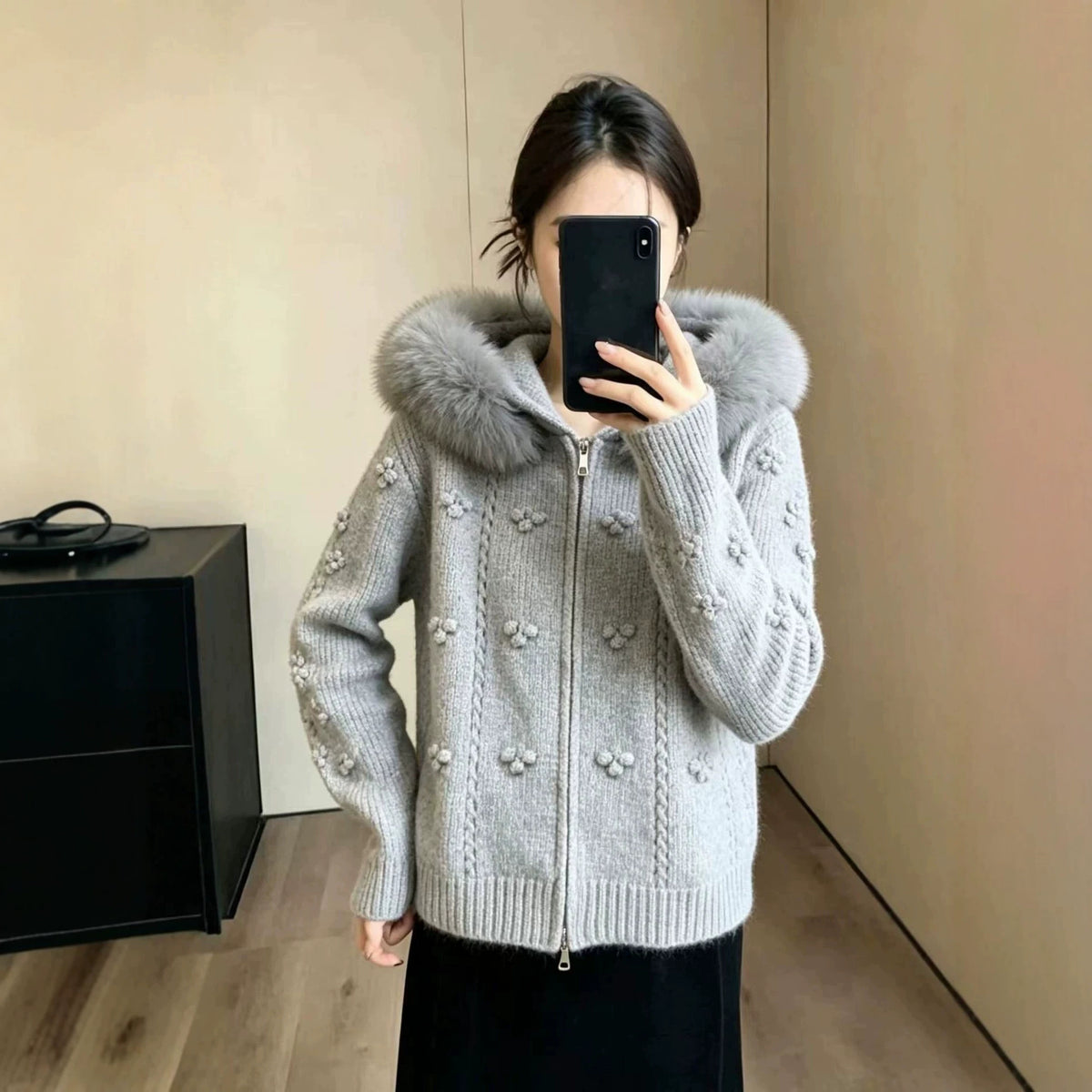 Maeve & Co Women's Faux Fur Hooded Cardigan - Zip-Up Knitted Cardigan Jacket