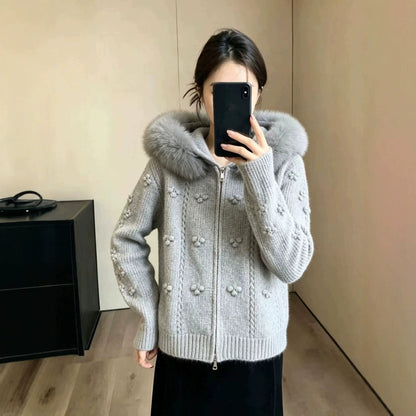 Maeve & Co Women's Faux Fur Hooded Cardigan - Zip-Up Knitted Cardigan Jacket