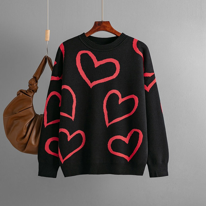 Maeve & Co Women's Heart Jumper - Crew Neck Loose Knit Pullover, Long Sleeve