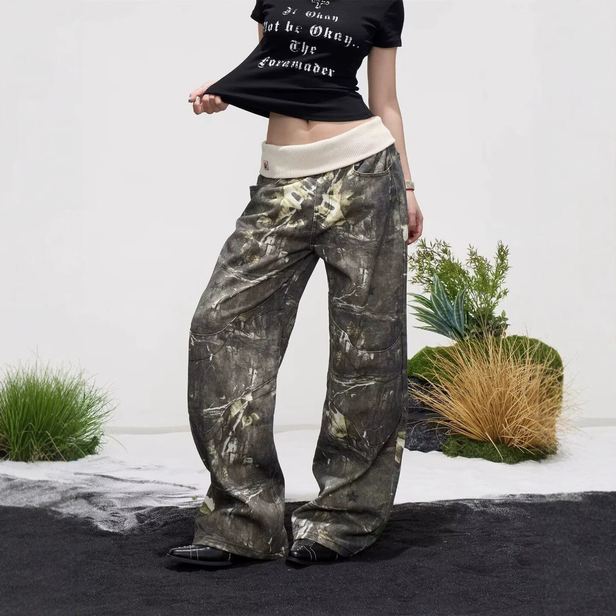 Maeve Women's Wide-Leg Jeans - Camouflage Ribbed-Waist Denim