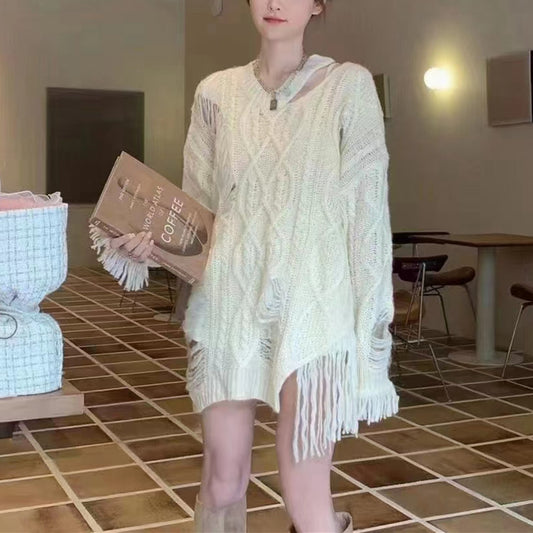 Maeve & Co Women's Open Knit Jumper - Distressed Tassel Oversized Pullover, Beige