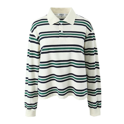 Maeve Women's Polo Collar Top - Two-Tone Striped Long-Sleeve