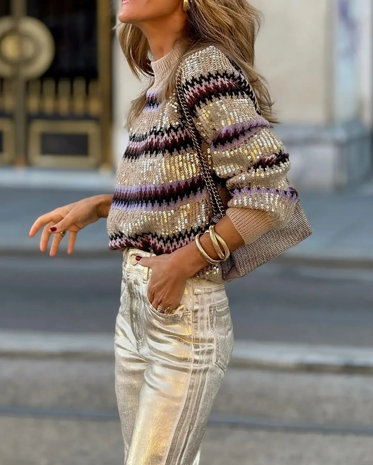 Maeve & Co Women's Striped Sequin Jumper - Cropped Crew Neck Knit Pullover, Long Sleeve, Brown