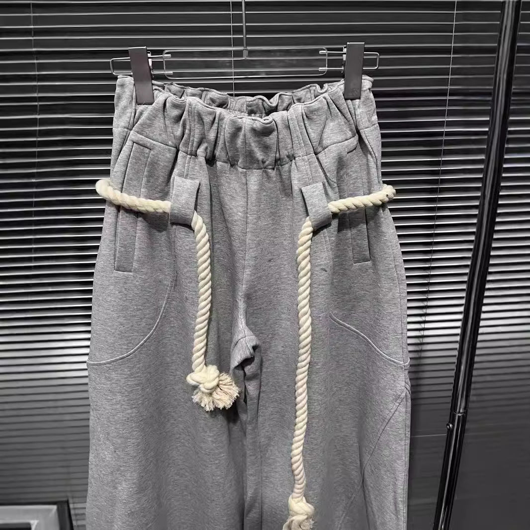 Maeve & Co Women's Wide-Leg Joggers - Rope Belt Baggy Sweatpants, Grey