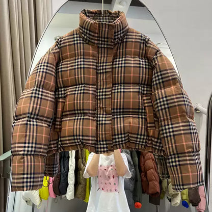 Maeve & Co Women's Puffer Jacket - Retro Check High Neck Short Padded Coat