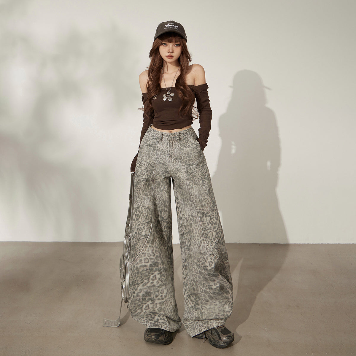 Maeve & Co Women's Leopard Print Jeans - High-Waisted Wide-Leg Floor-Length Denim