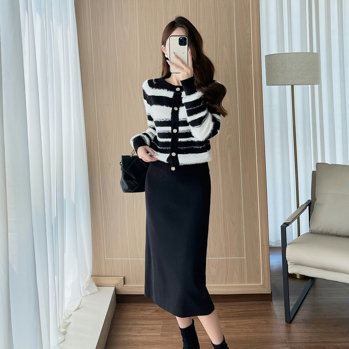 Maeve Women's Knitted Co-Ord Set - Striped Top & Midi Skirt