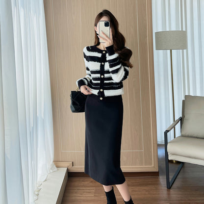 Maeve Women's Knitted Co-Ord Set - Striped Top & Midi Skirt