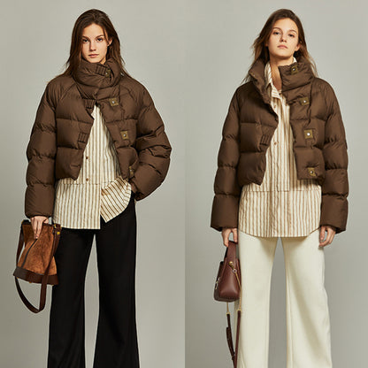 Maeve & Co Women's Puffer Jacket - Stand Collar Short Padded Coat, Loose Fit, Brown