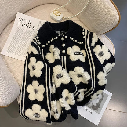 Maeve & Co Women's Embellished Jumper - Pearl Beaded Floral Knit Pullover, Long Sleeve, Black