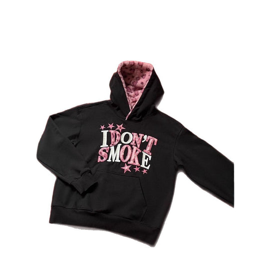 Maeve & Co Women's Slogan Hoodie - Embroidered Oversized Pullover, Leopard-Lined Hood, Black