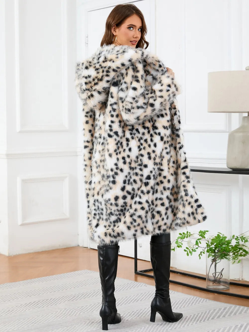 Maeve & Co Women's Faux Fur Jacket - Leopard Print Hooded Faux Fur Coat, White