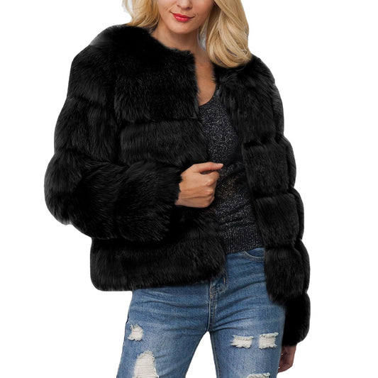 Maeve & Co Women's Faux Fur Coat - Crew Neck Fluffy Fur Jacket, Long Sleeve