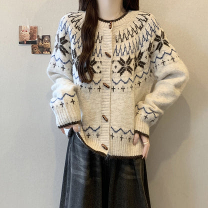 Maeve & Co Women's Fair Isle Cardigan - Check Pattern Knitted Cardigan, Long Sleeve