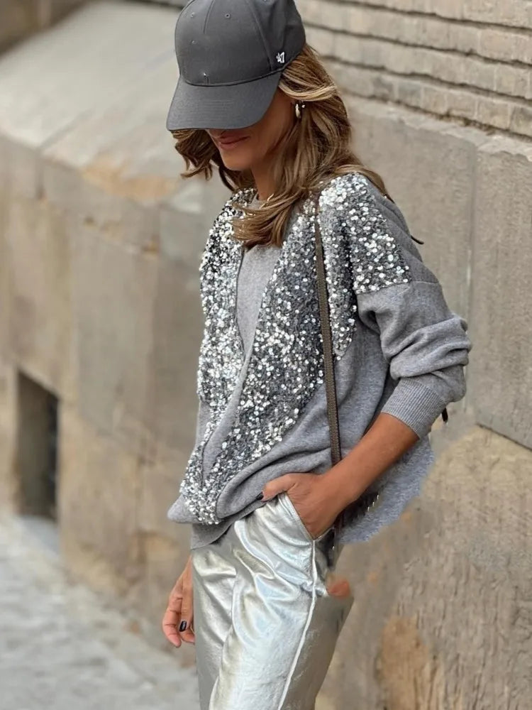 Maeve & Co Women's Sequin Jumper - Crew Neck Embellished Loose Knit Pullover, Long Sleeve, Grey