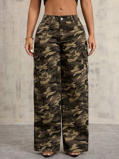 Maeve & Co Women's Camo Cargo Trousers - High-Waisted Wide-Leg Camouflage Jeans