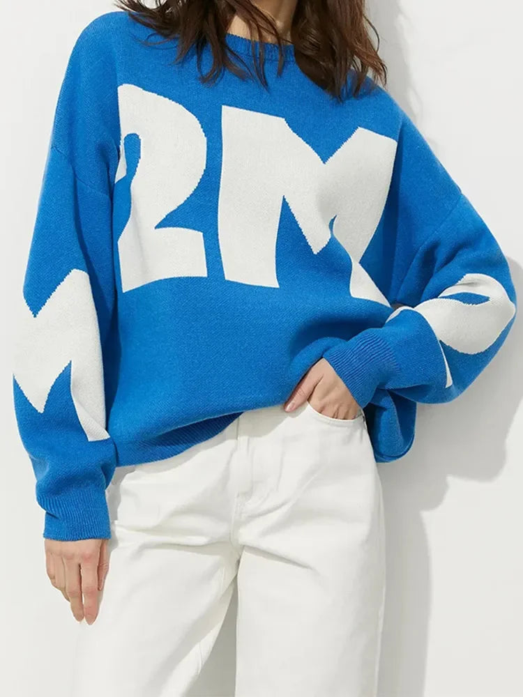 Maeve & Co Women's Slogan Jumper - Contrast Letter Knit Crew Neck Pullover, Long Sleeve