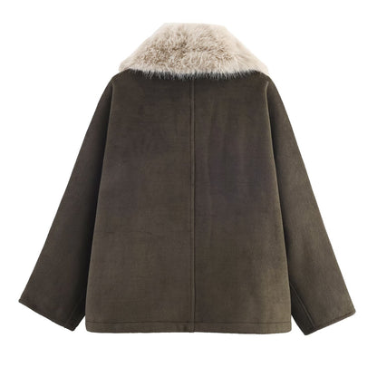 Maeve & Co Women's Faux Fur Collar Coat - Button-Front Short Winter Jacket, Olive Green