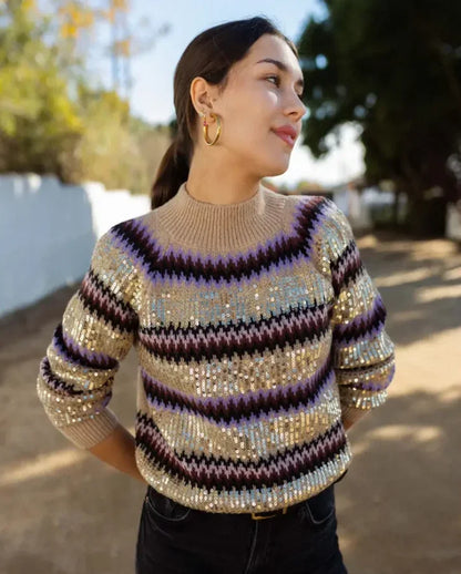 Maeve & Co Women's Striped Sequin Jumper - Cropped Crew Neck Knit Pullover, Long Sleeve, Brown