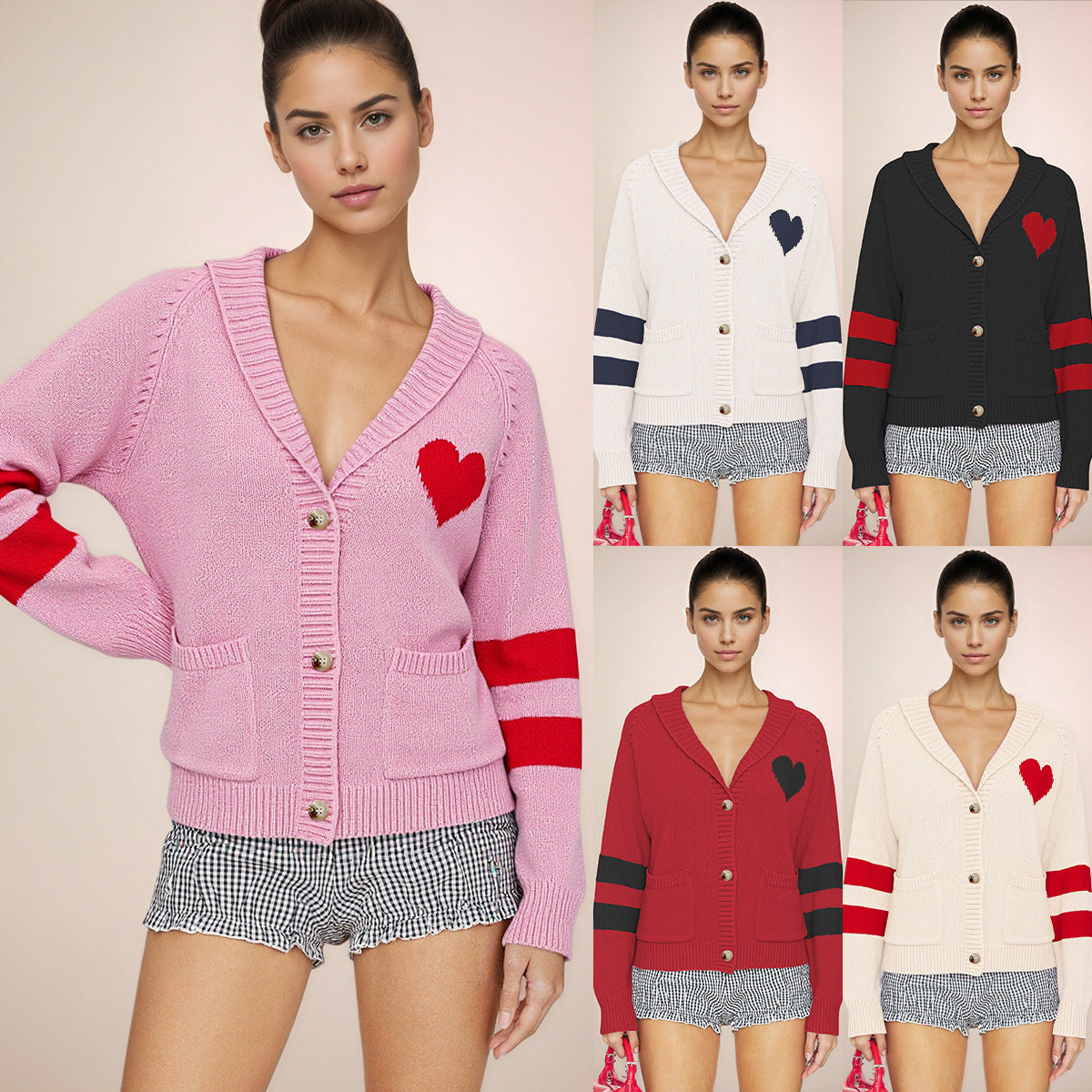 Maeve & Co Women's Heart Cardigan - V-Neck Button-Front Knitted Cardigan, Colour Block