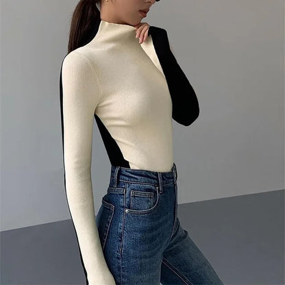Maeve & Co Women's Half Neck Jumper - Slim Fit Knitted Pullover, Long Sleeve, Apricot & Black