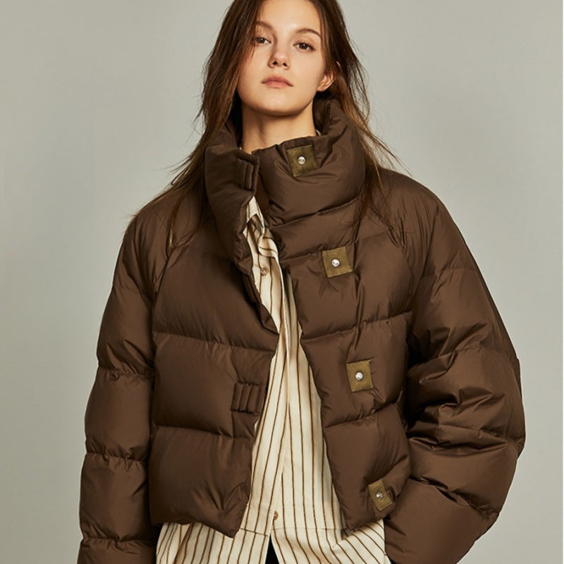 Maeve & Co Women's Puffer Jacket - Stand Collar Short Padded Coat, Loose Fit, Brown