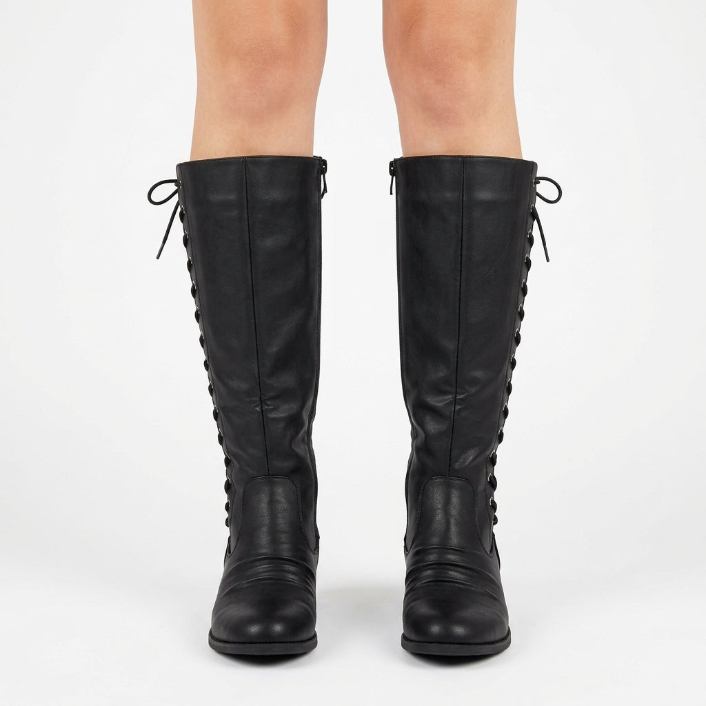 Black knee-high lace-up boots, front view