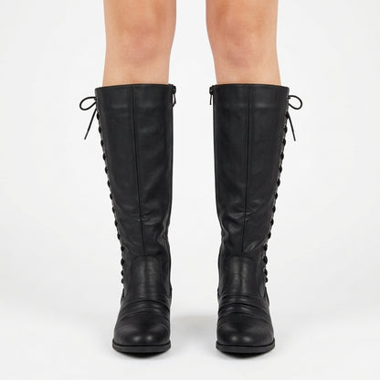 Black knee-high lace-up boots, front view