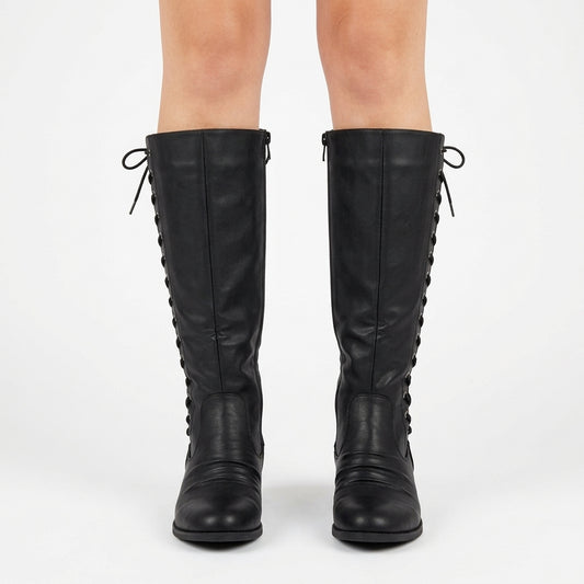 Black knee-high lace-up boots, front view