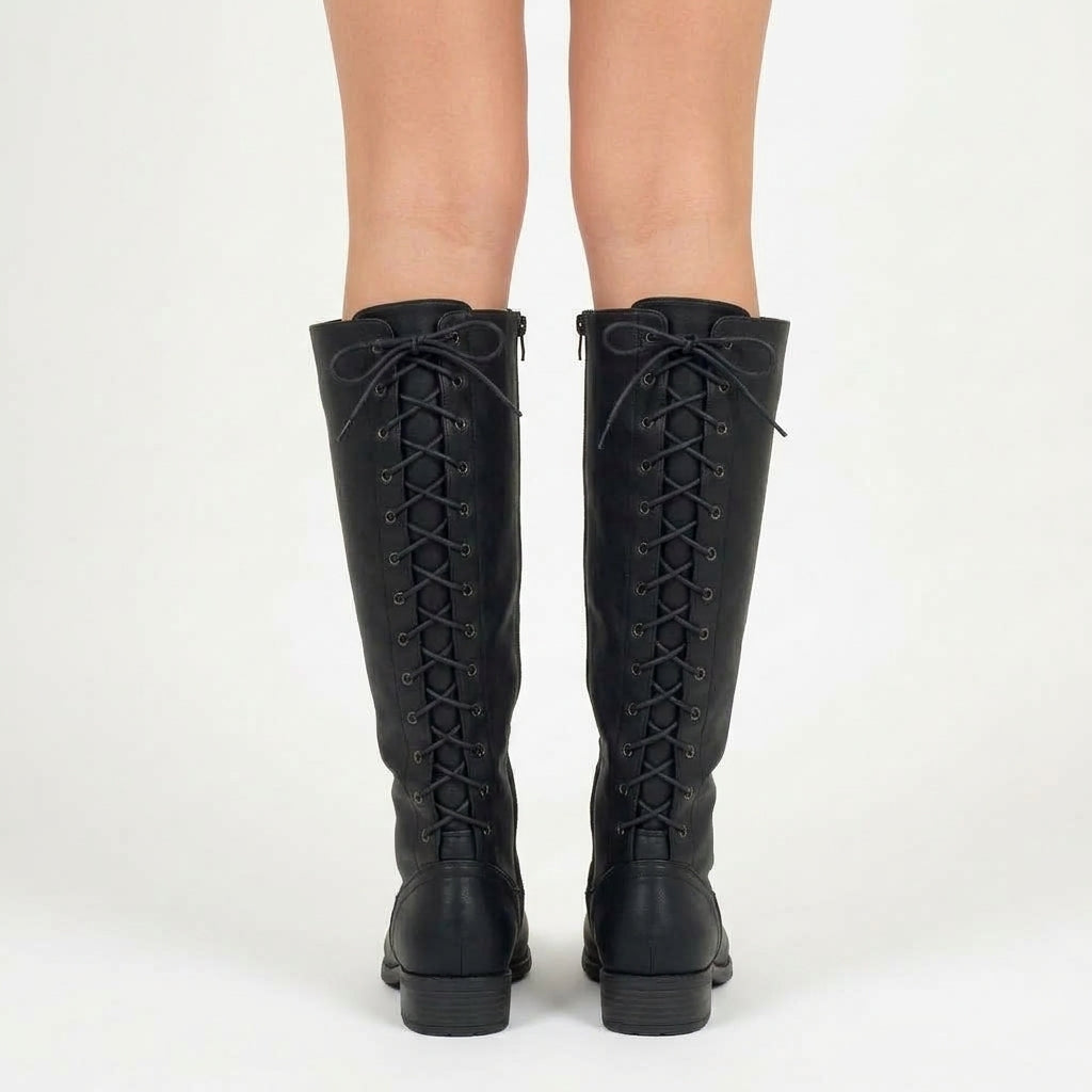 Black knee-high lace-up boots, three-quarter view showing the side lacing