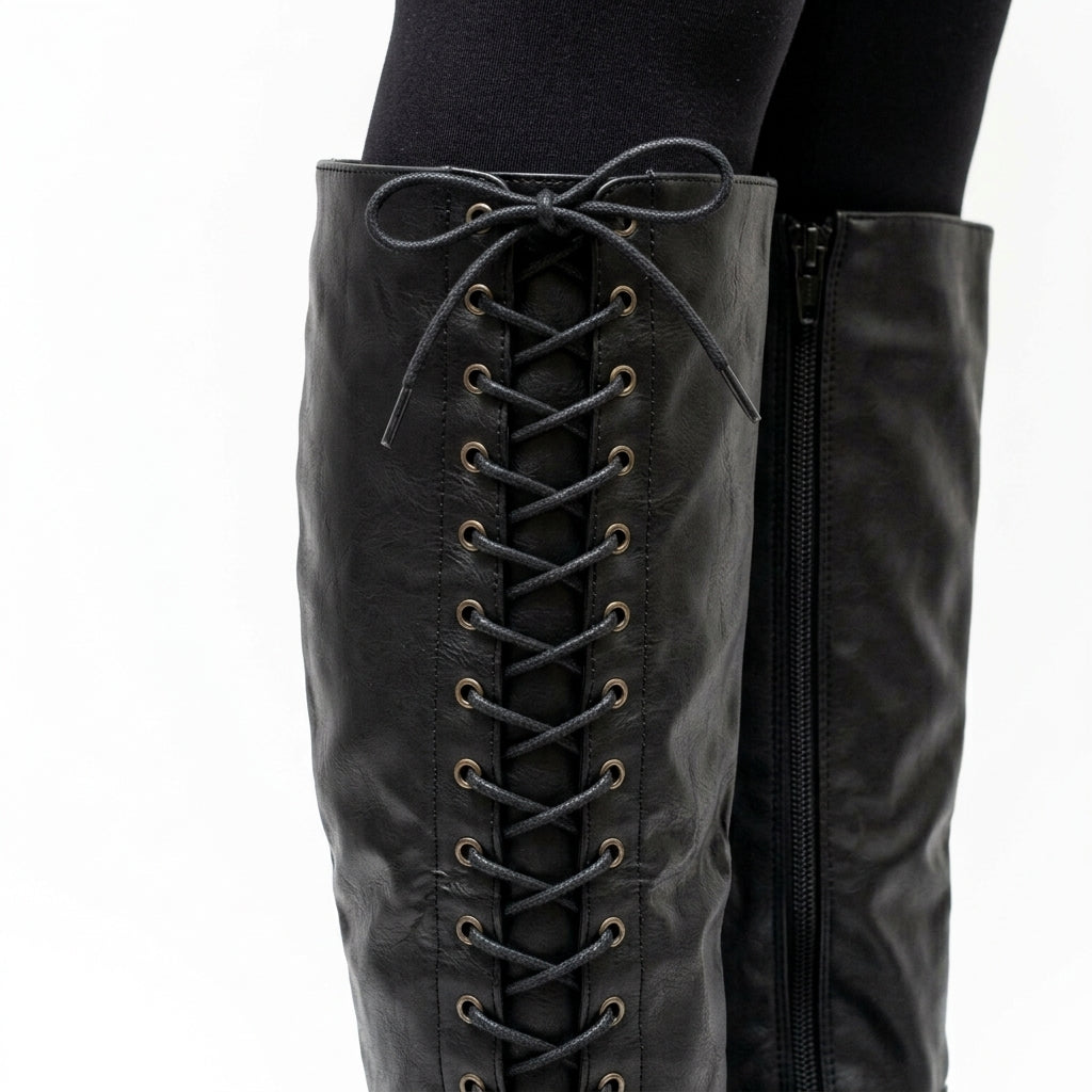 Black boots, close-up of the side lacing and zip