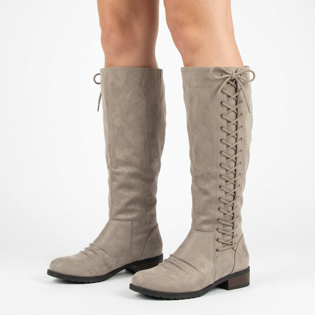Khaki knee-high lace-up boots, three-quarter view