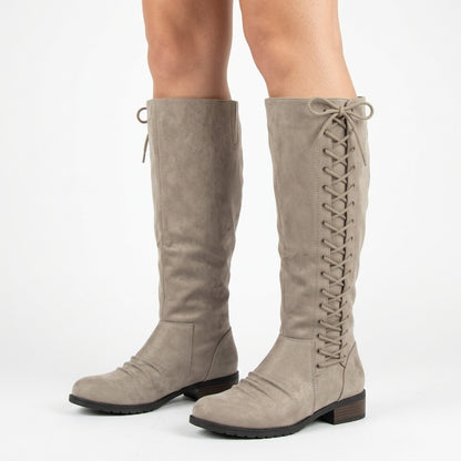 Khaki knee-high lace-up boots, three-quarter view