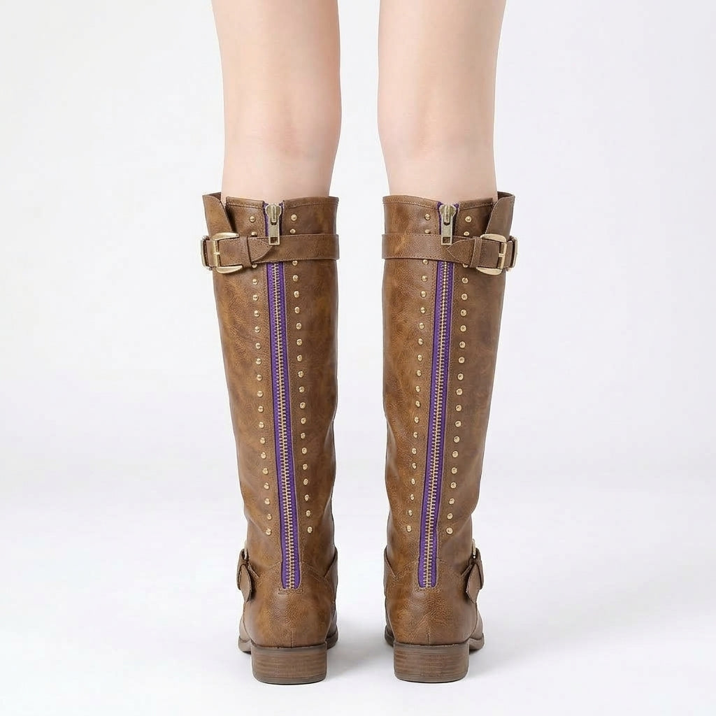 Brown boots, back view showing studs and zip