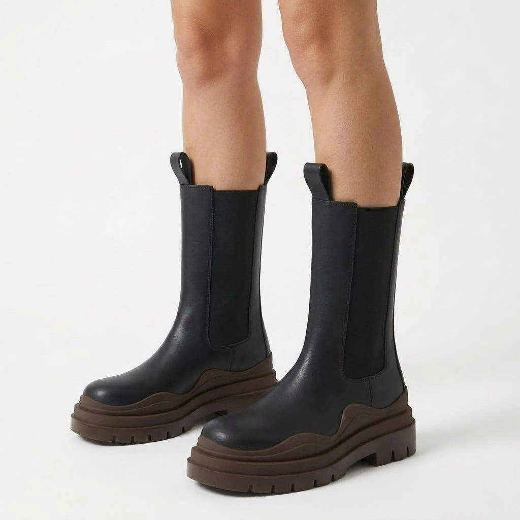 Black boots with brown sole, three-quarter view