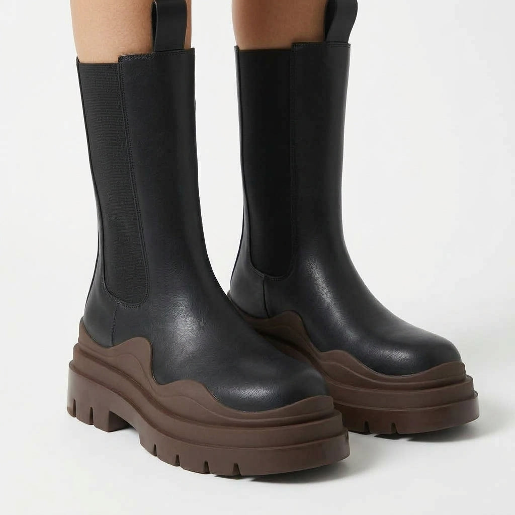 Black boots with brown sole, close-up detail
