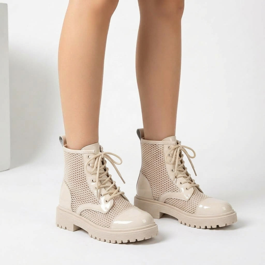 Beige boots, three-quarter view