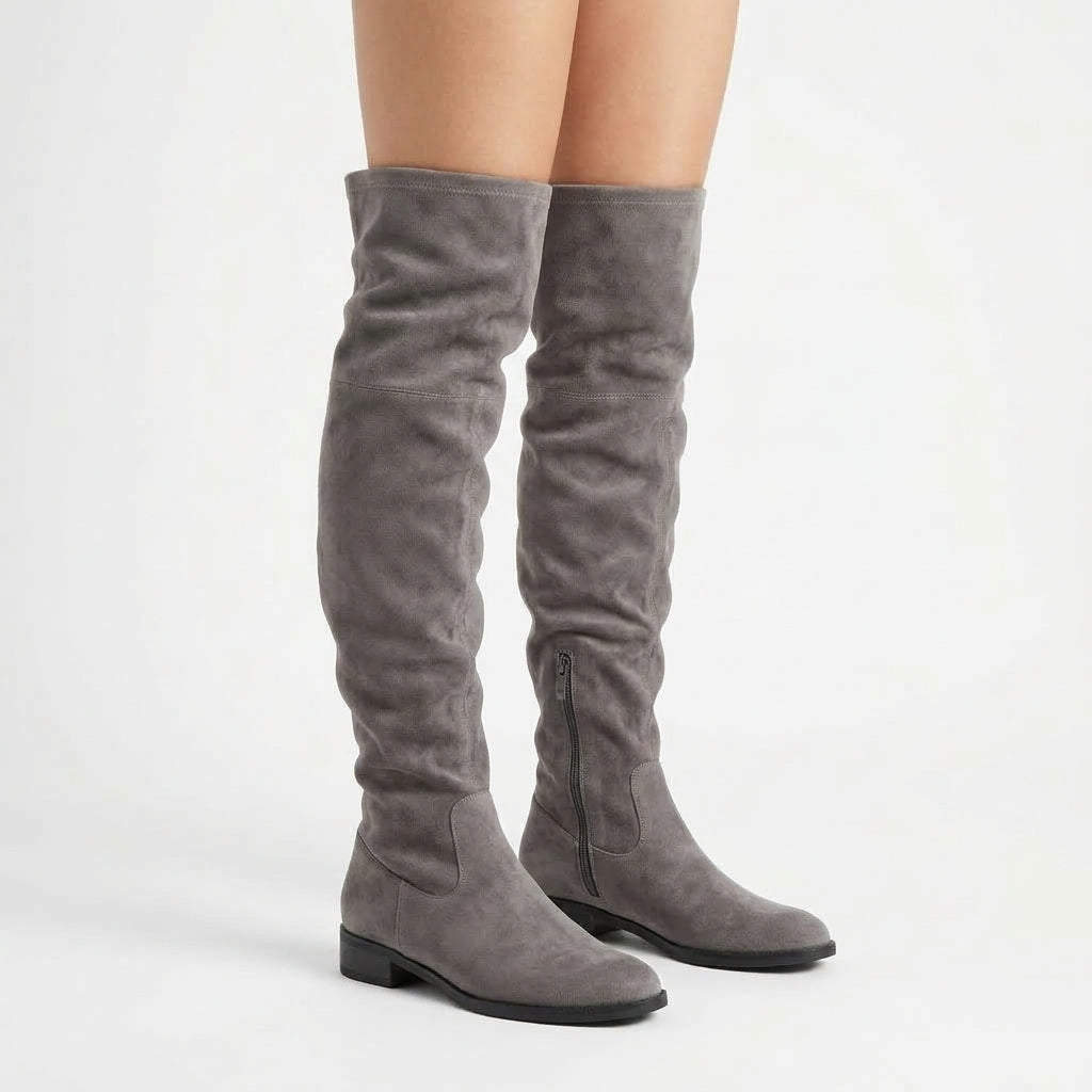 Grey boots, three-quarter view